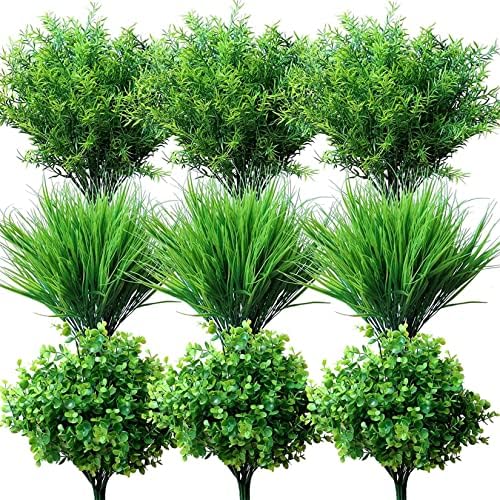 18PCS UV Resistant Outdoor Artificial Plants, Fake Boxwood Grass Rosemary