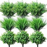 YXYQR 18PCS Outdoor Artificial Faux Plants Spring Summer Decorations, UV Resistant Bulk Realistic Fake Bushes Grass Eucalyptus Outside Plastic Greenery Shrubs for Front Porch Patio Window Box