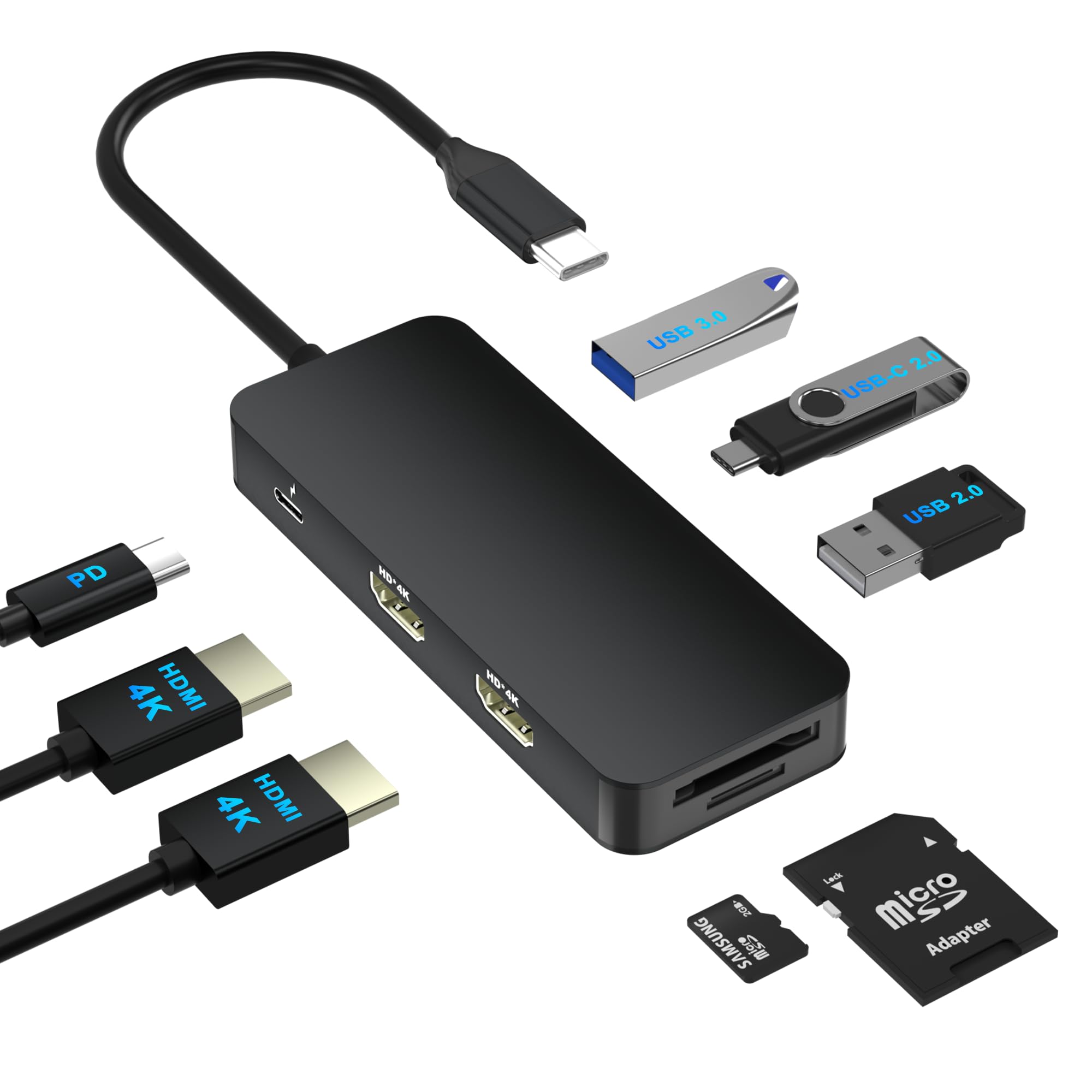 USB C Docking Station Dual Monitor for Dell/HP/Mac Laptop, Dual HDMI Adapter for 2 Monitors, HDMI Splitter for Dual Monitors Extended Display, 8 in 1 USB C Hub Multiport Adapter with HDMI/USB/PD/SD/TF
