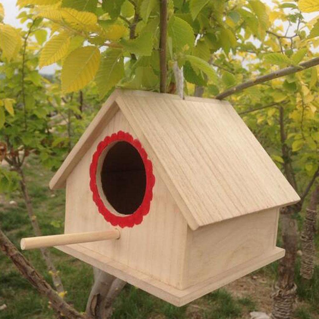 Casa Para Pájaros de Madera con Percha y Cuerda Colgante, Exterior Jardín