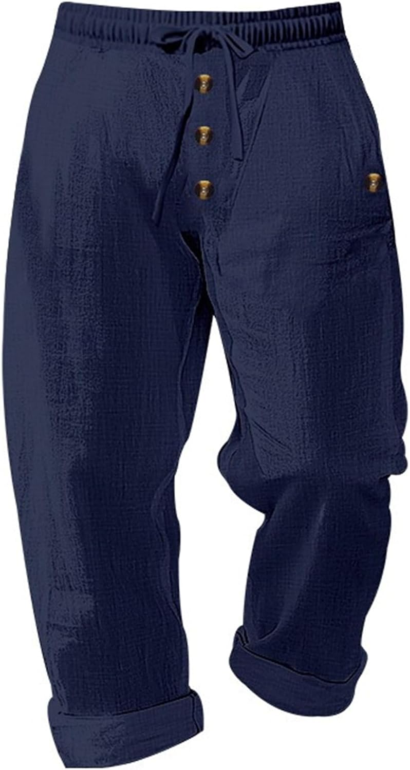 Men Cotton Blend Seacoast Work Trouser Lightweight Drawstring Loose Casual Pants Fall Elastic Waist Cozy Beach Pants