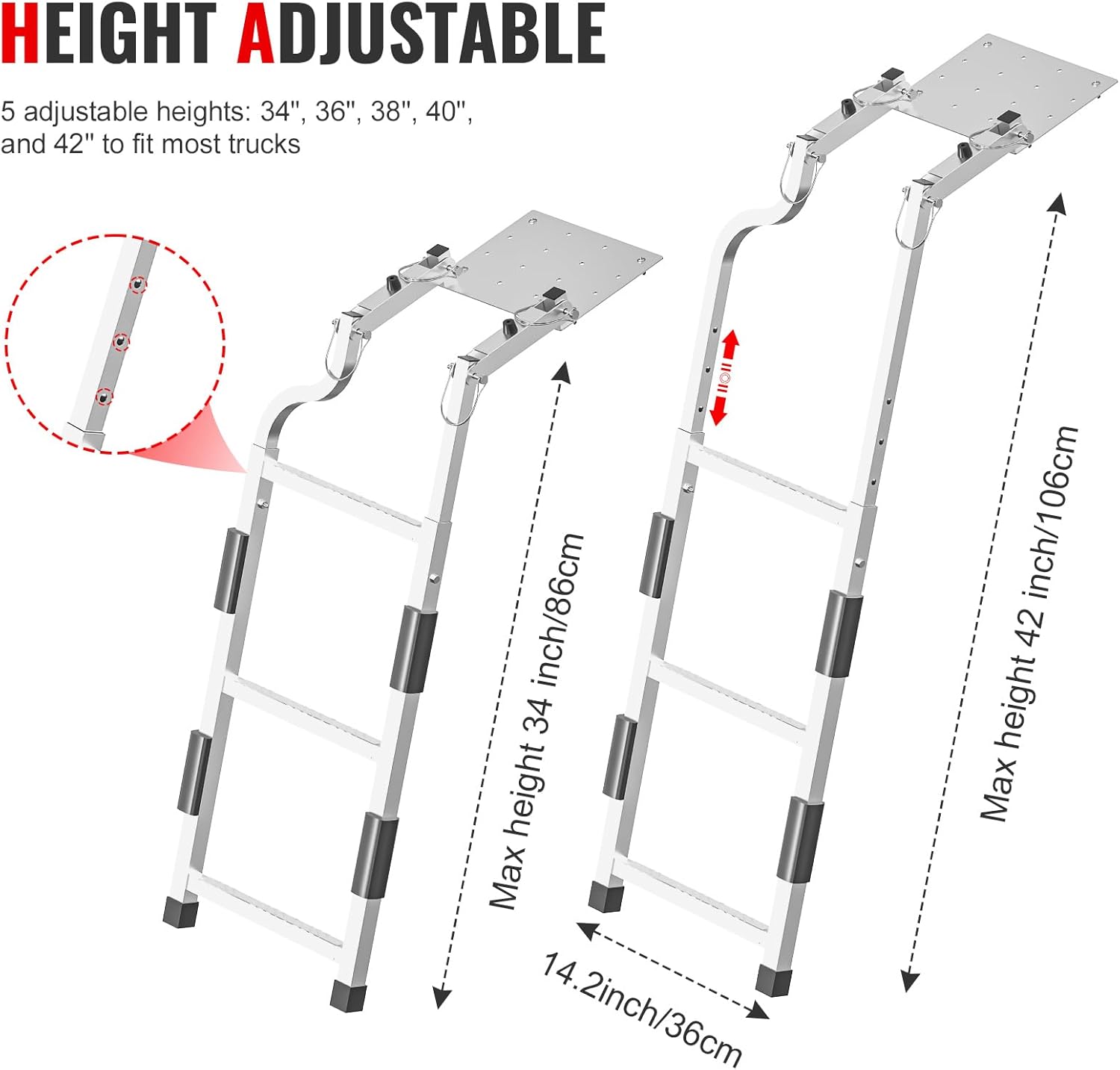 Tailgate Ladder for Pickup Trucks Bed Universal Fit - Rust-Proof Stainless Steel Truck Step Adjustable to 42", Non-Slip Aluminium Steps & Replaceable Rubber Feet, Driving Safety Straps & Bump Pads