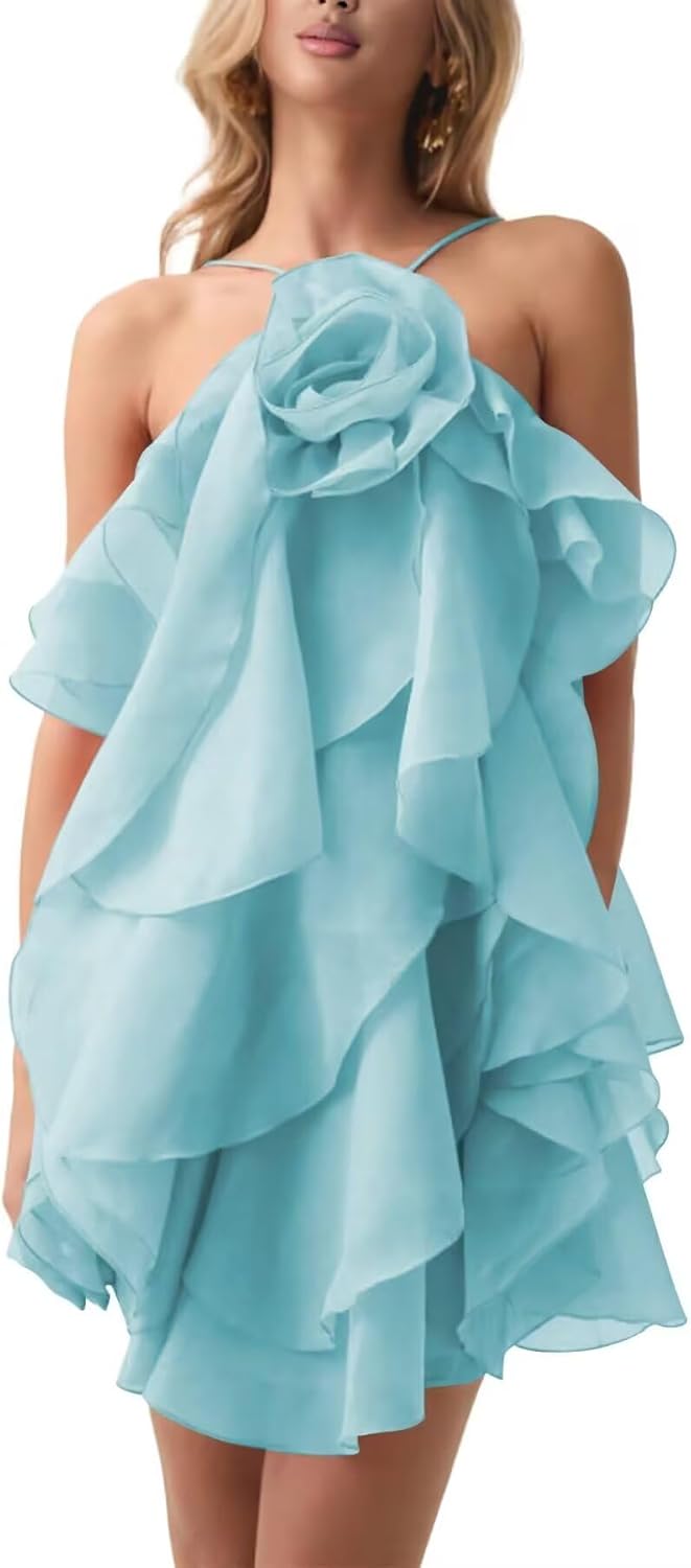 3D Flower Ruffles Homecoming Dresses Halter Short Prom Dress Tiered Cocktail Party Gown