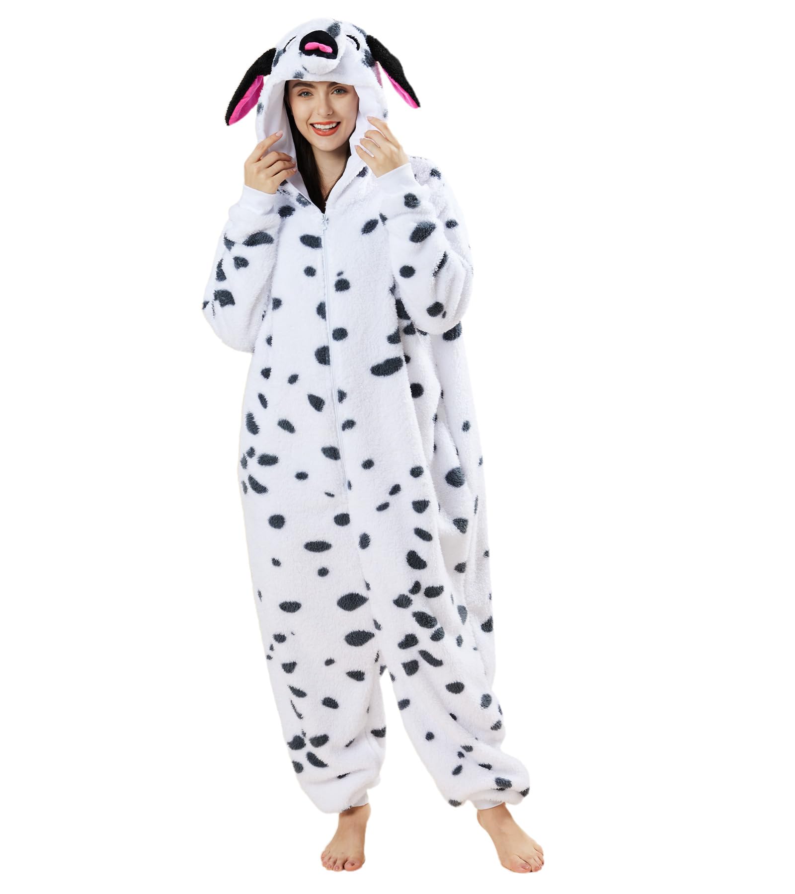 Dodheah Pijama unisex de Dálmata, disfraz de perro manchado, disfraz de Halloween, disfraz de animal para cosplay, overol de una pieza para adultos