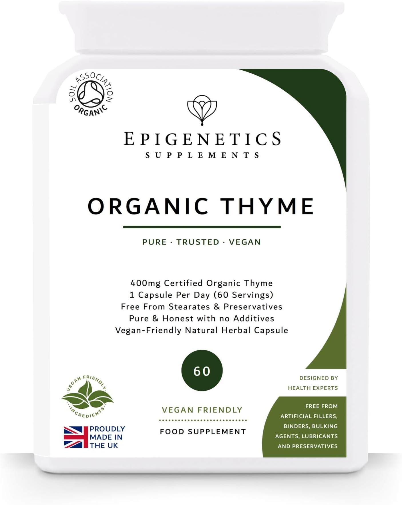 Organic Thyme 400mg | Natural Thymus Vulgaris Herb Supplement | 60 Capsules | Vegan Friendly & Herbal UK Made | 60 Servings, 2 Month Supply by Epigenetics