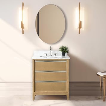 Vanity Art 30 inch Small Bathroom Vanity with Sink & Ceramic Top, Oak Vanity Cabinet with 3 Drawers, Solid Wood Frame, Ceramic Sink, Natural Oak, VA8030-NO1