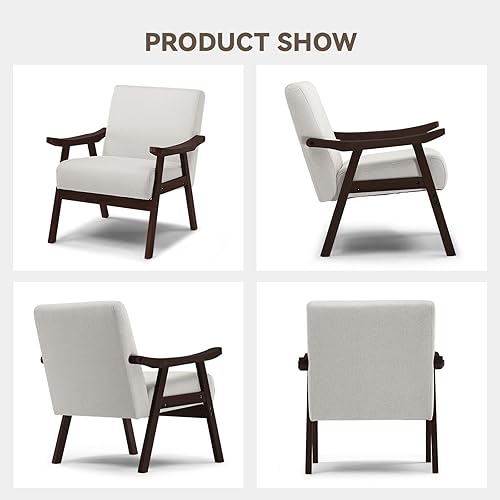 Miniatura 5 de COMHOMA Silla decorativa, silla moderna de mediados de siglo con reposabrazos de madera maciza, cómodo sillón tapizado de lectura para sala de