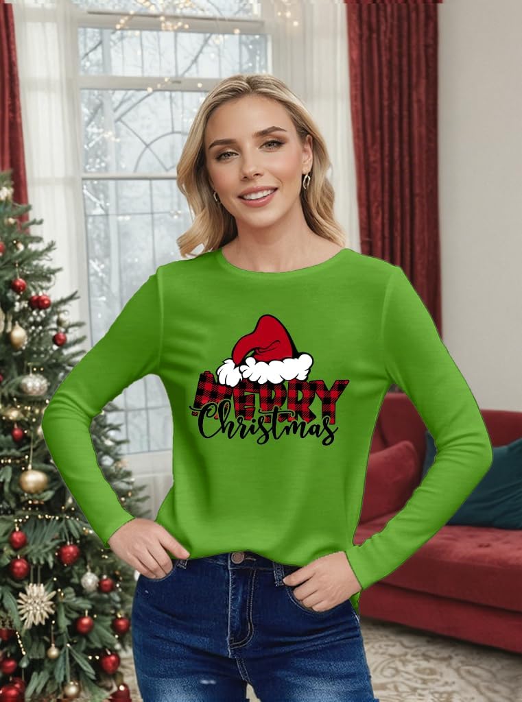 Christmas Shirts for Women Merry Christmas Letter Print Tshirts Xmas Holiday Graphic Long Sleeve Tops - Image 3