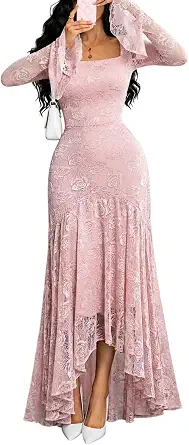 GothDark Women's Lace Maxi Dress with Ruffle Sleeves and Square Neck