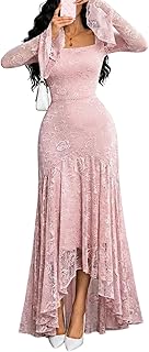 Womens Lace Maxi Dress Bodycon Square Neck Floral Sheer Ruffle Sleeves High Low Mermaid Elegant Evening Party Outfit