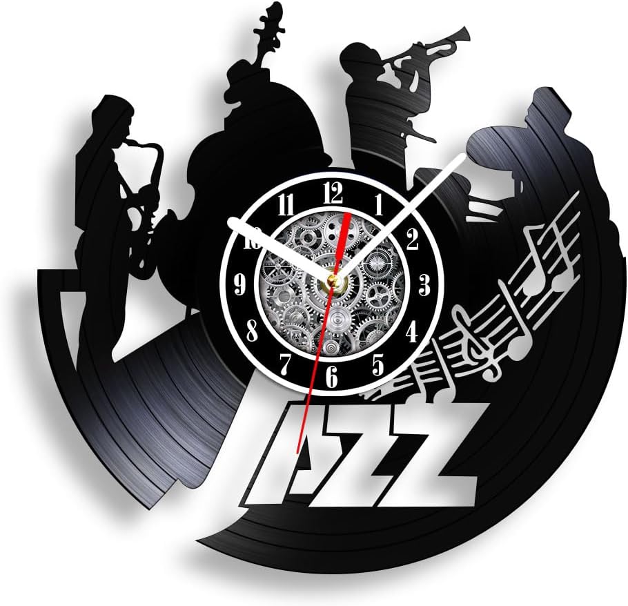 The Geeky Days Musicians Jazz Band Vinyl Record Wall Clock with LED Light Men Play the Cellos Sax Jazz Band Instruments Decor Luminous Timepieces Laser Engraved Vinyl Record LED Lit Wall Clock