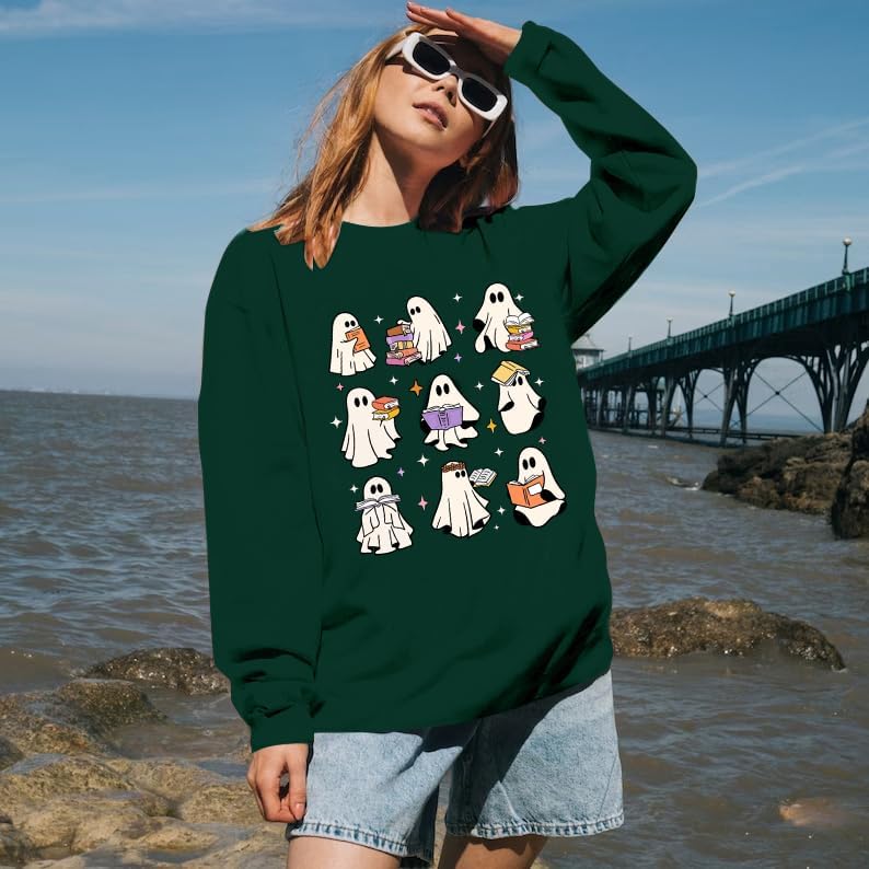 Halloween Ghost Reading Books Sweatshirts Women Spooky Season Sweater Cute Bookish Shirt Fall Pullover Tops - Image 4