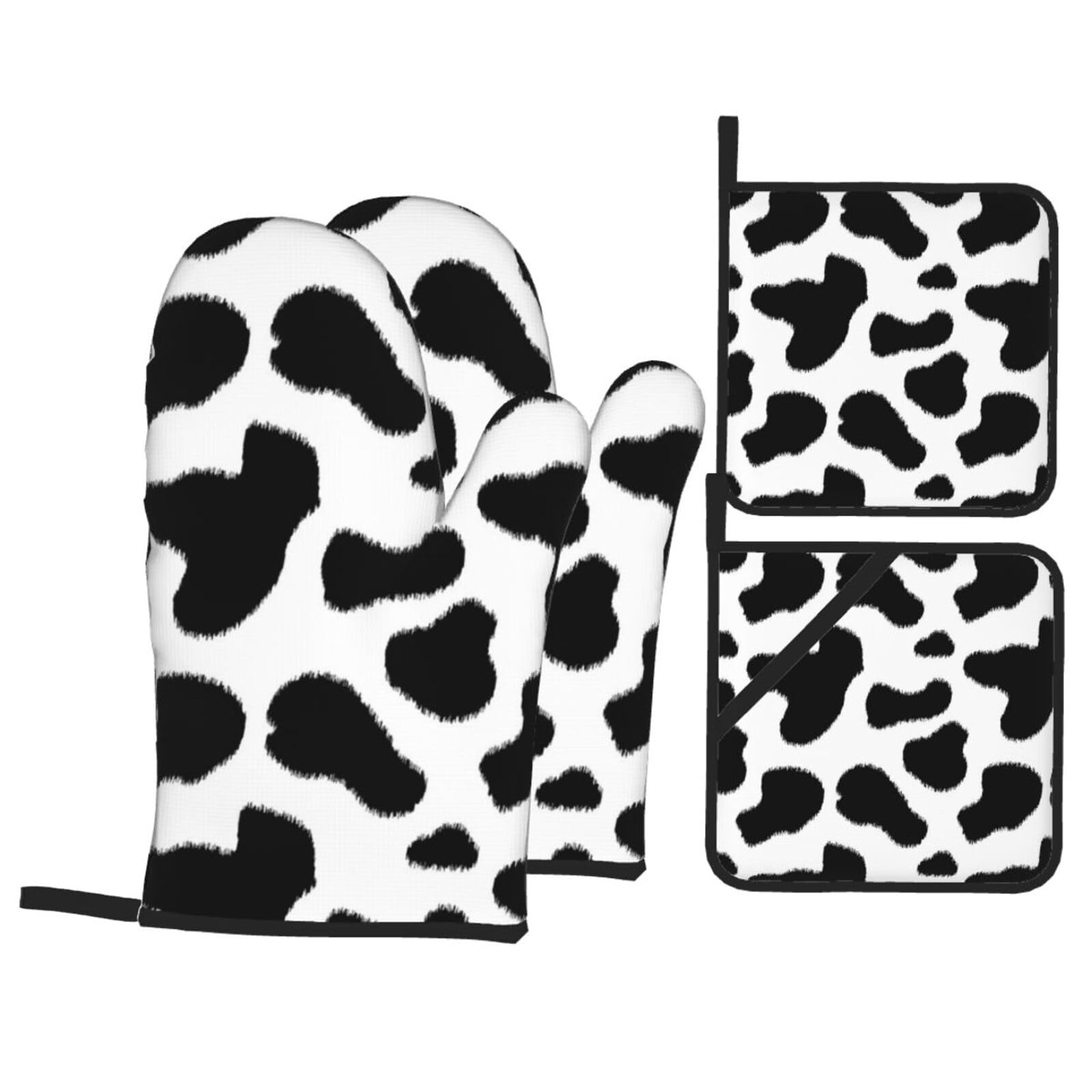 Black & White Leopard Print Stylish Heat-Resistant Oven 4-Piece Set Kitchen Gloves Roasting Daily Cooking