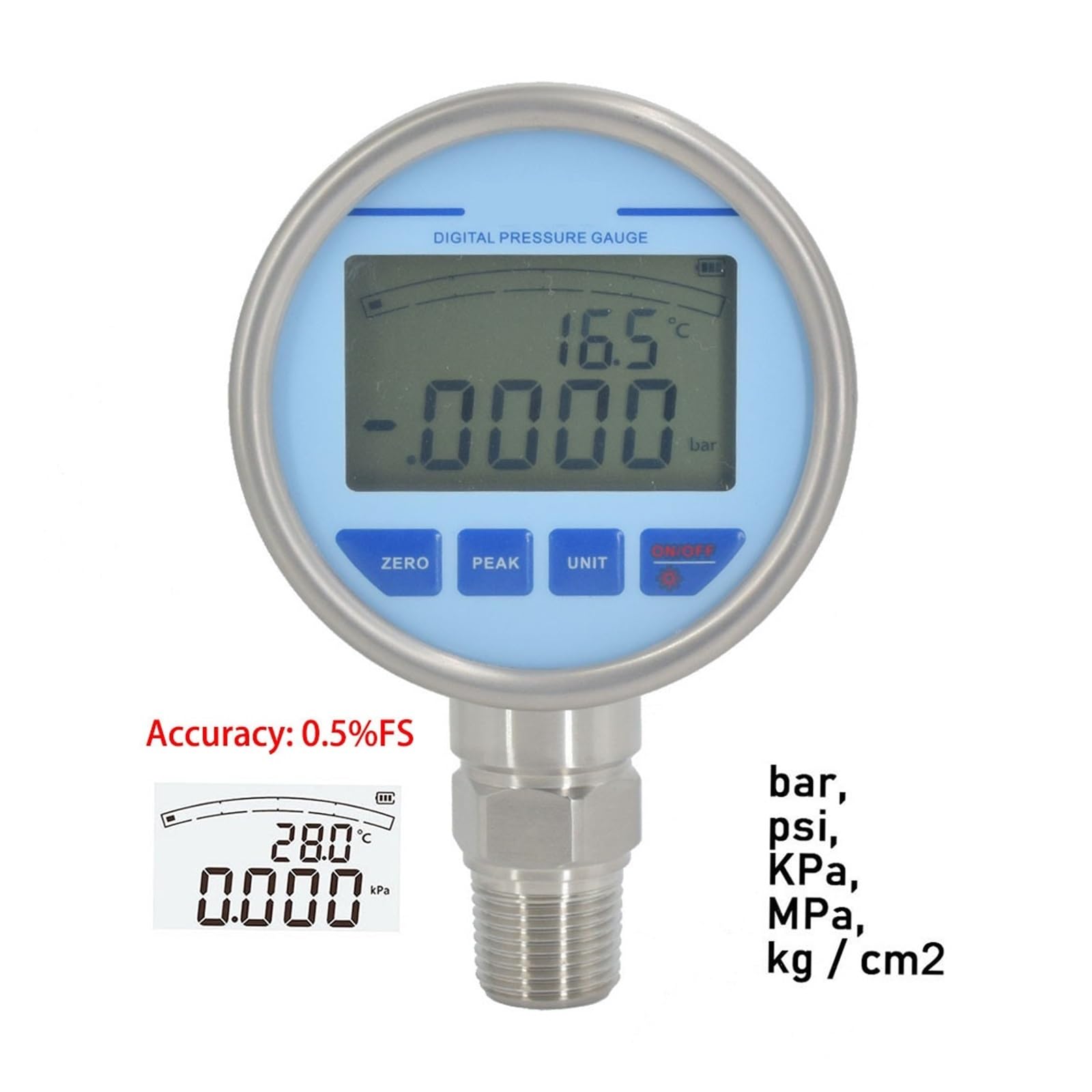 Manómetro, Manómetro de vacío absoluto, precisión 1bar, 0.5% FS, pantalla 5 dígitos, alimentado por batería, diámetro 80mm, G1/4, G1/2, 1/2NPT, 1/4NPT(NPT1-4,0-1 bar)