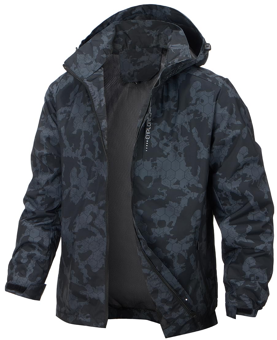 Chaos World Men's Rain Jacket With Hood Windbreaker Lightweight Waterproof Raincoat Trench Coat Camping Gear