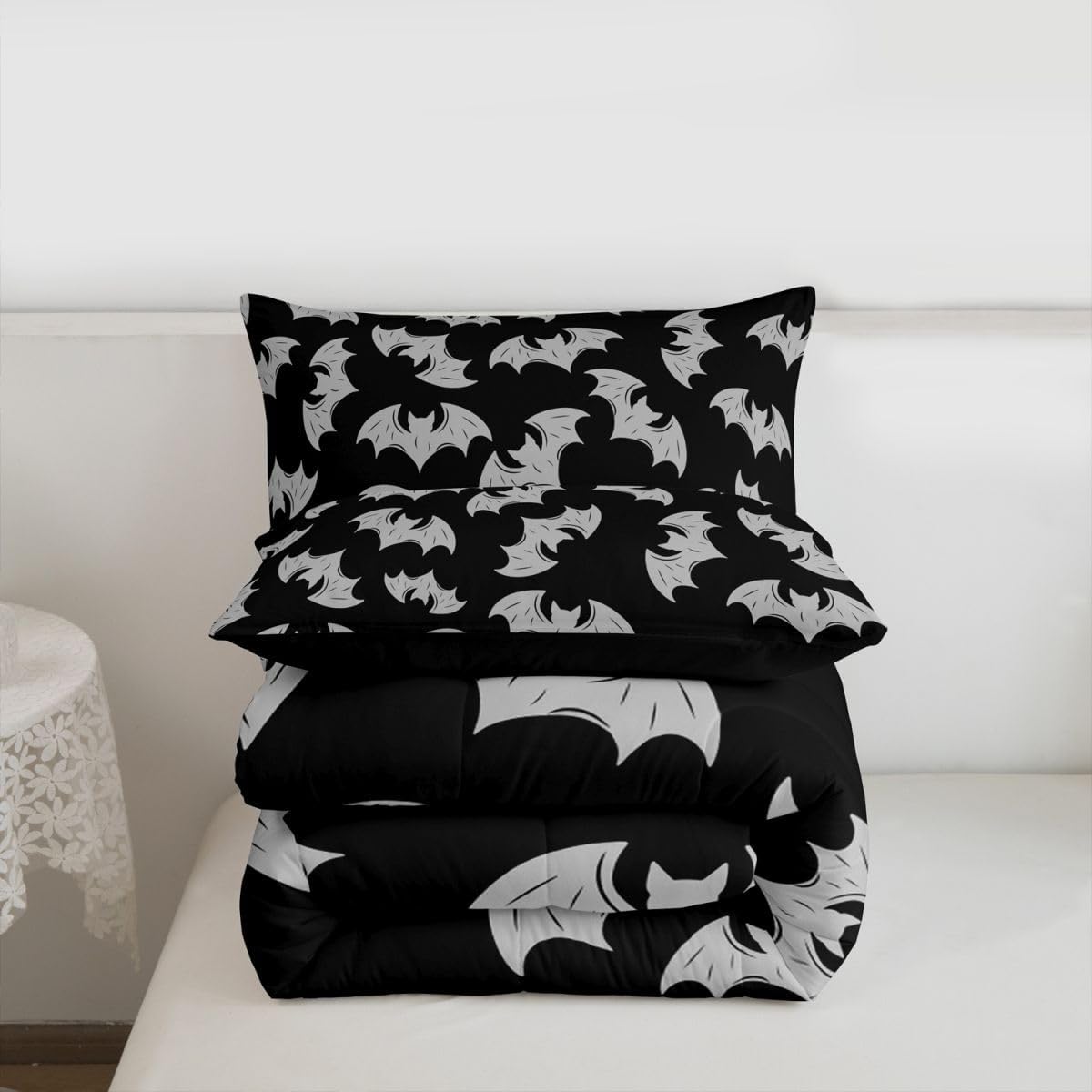 Erosebridal Gray Bat Bedding Set Full Size Halloween Bat Comforter Set Spooky Goth Gothic Animal Bed Sets Horror Halloween Duvet Quilt Sets for Kids Teens Adults