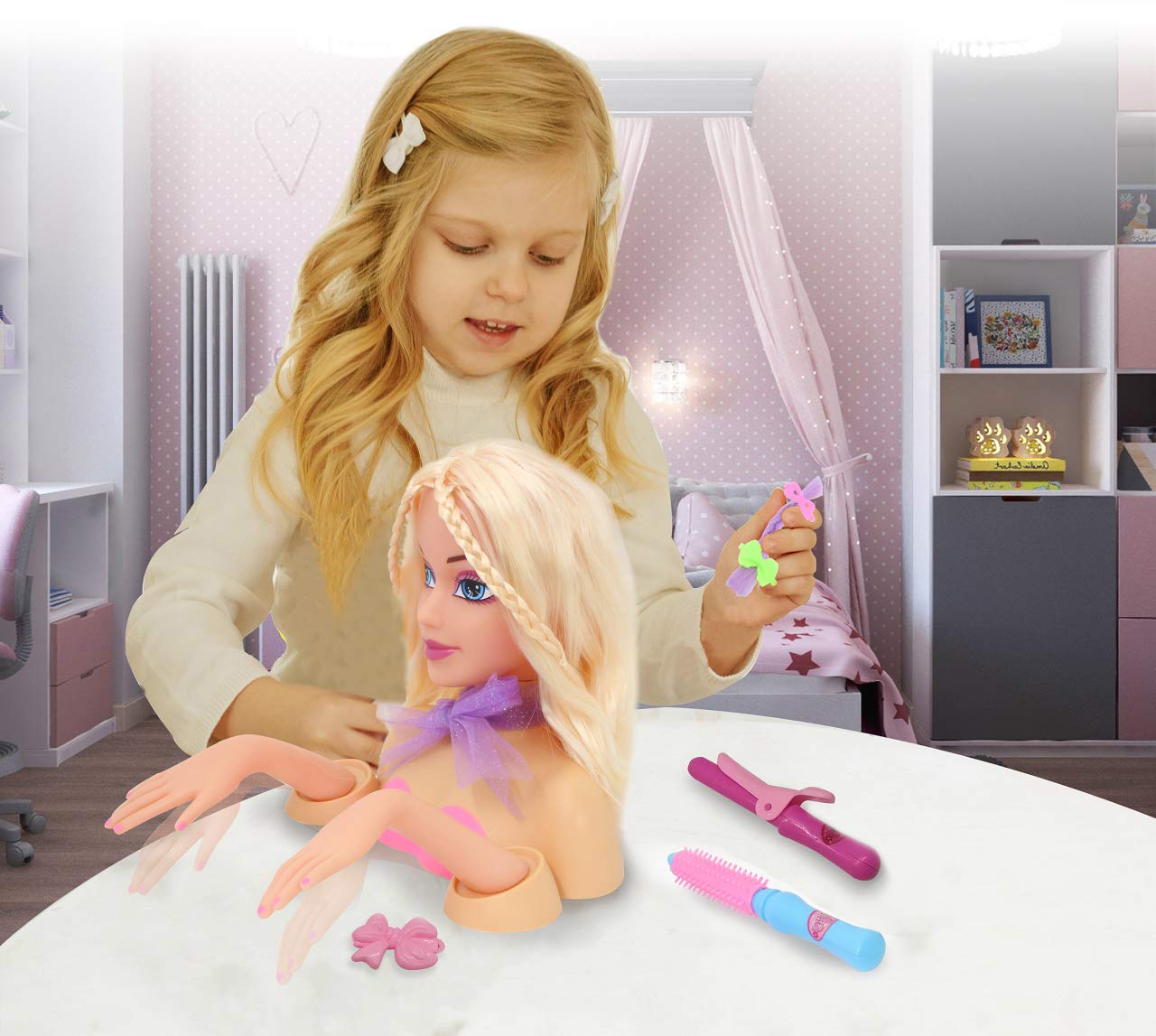 JAMARA 460618 Bella Styling - Set di 8 Teste per Acconciature alla Moda, Capelli Resistenti, promuove Fantastici Giochi di Ruolo, Accessori per Capelli Inclusi