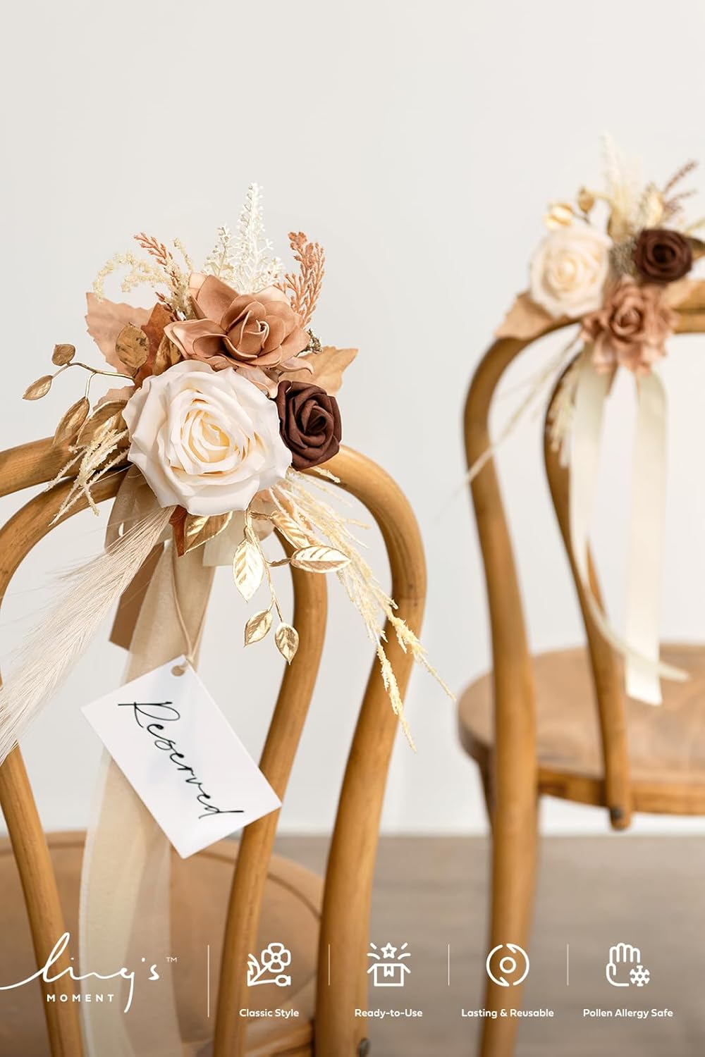Ling's moment 8pcs Wedding Aisle Chair Decorations Artificial Pew Flowers Markers Arrangements with Cards Chiffon Ribbons Rust & Sepia Ceremony Chair Back Floral Decor Reception Church Party Outdoor