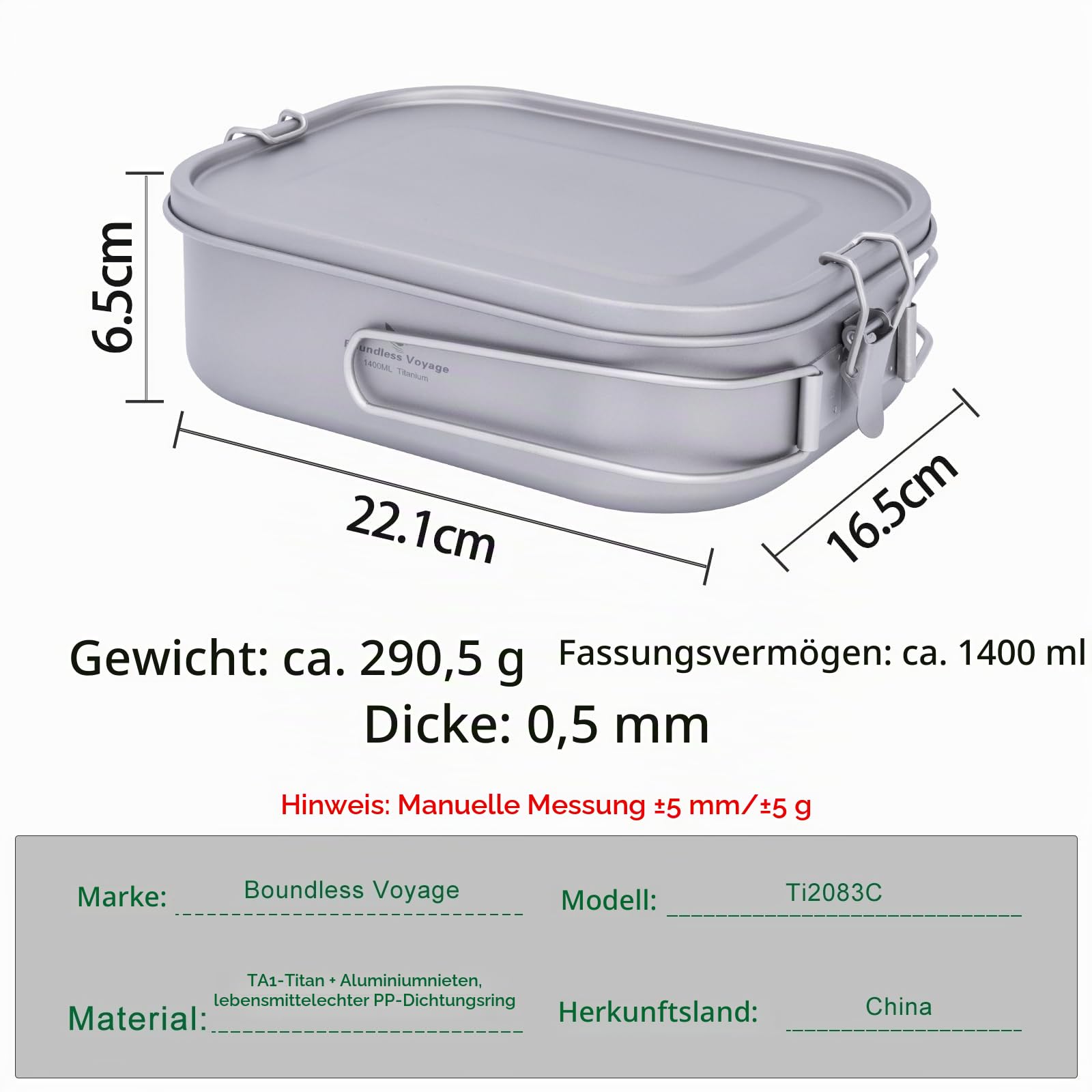 iBasingo 1400ml Titan Lunchbox mit Deckel & Tragegriff Leckdichter Bento Behälter für Camping, Outdoor & Büro Lebensmittelechtes Kochgeschirr für Unterwegs – Spülmaschinenfest Ti2083C