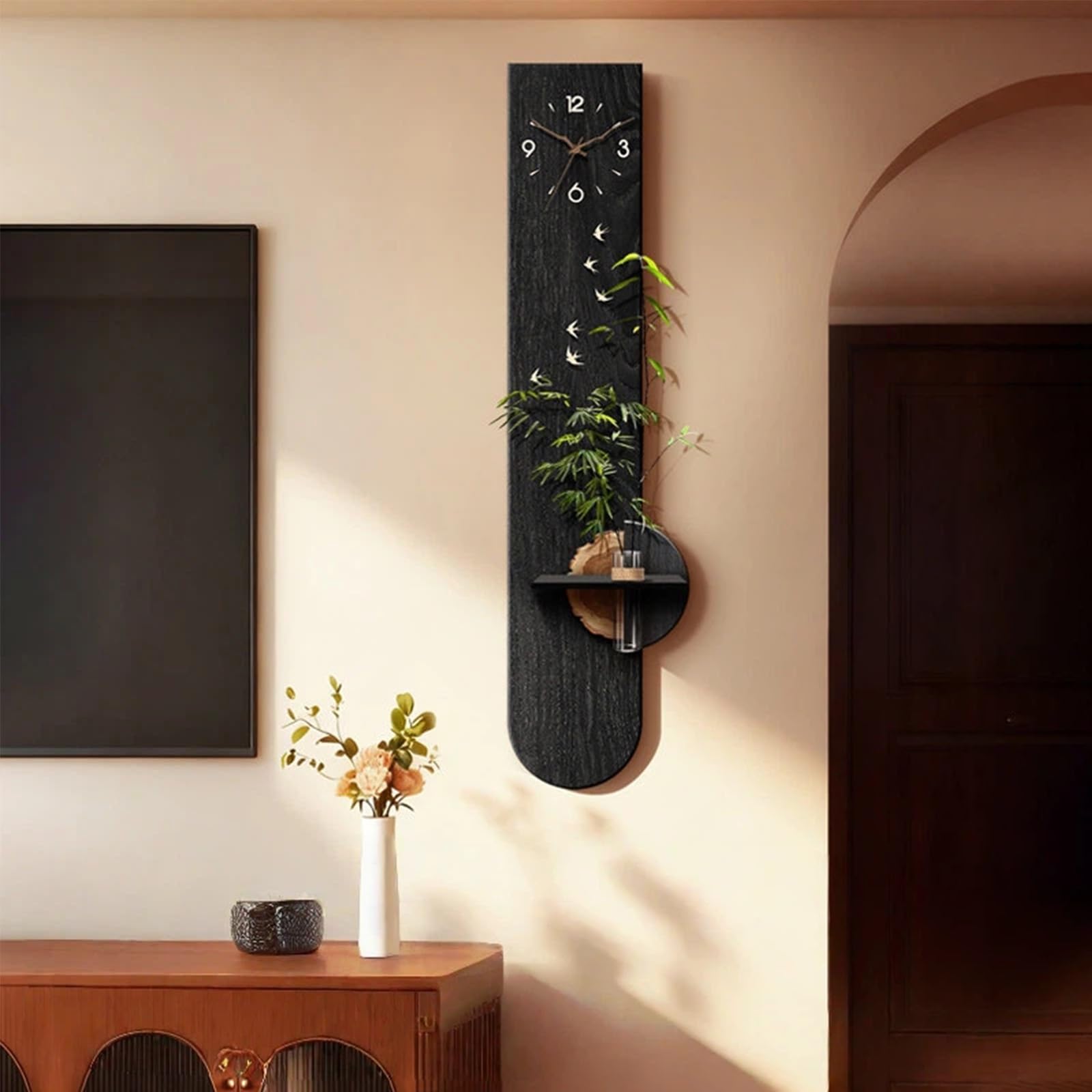 ITOSUI Sandstone Decorative Wall Clock,Art Wall Clocks with Glass Vase,Non-Ticking,Simple Wall Decoration,Battery Operated,for Living Room,Bedroom,Dining Room(Black,16 * 63in)
