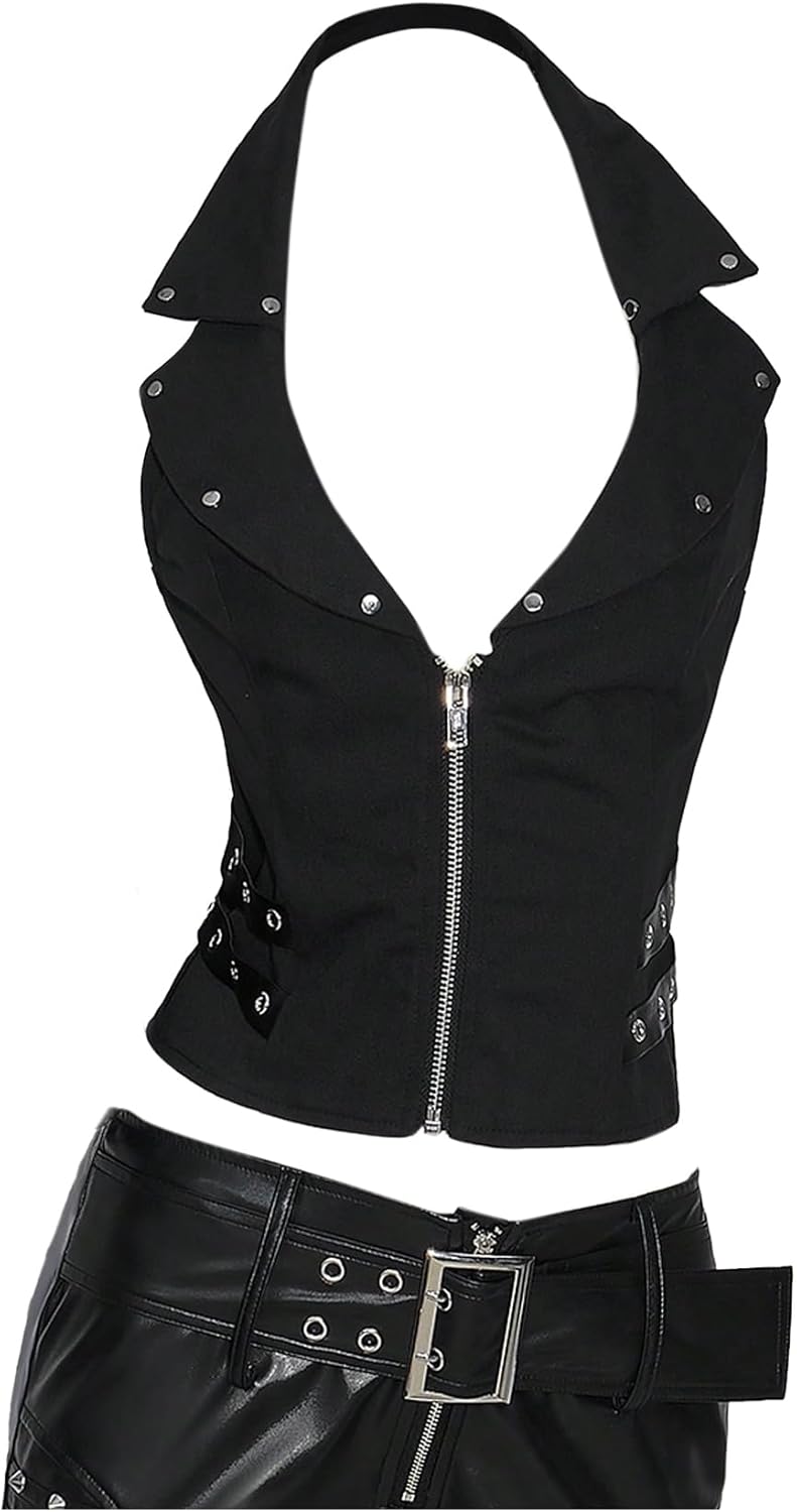 WDIRARA Women's Zip Up Halter Top Grommet Sleeveless Backless Goth Punk Tank Tops - Image 4