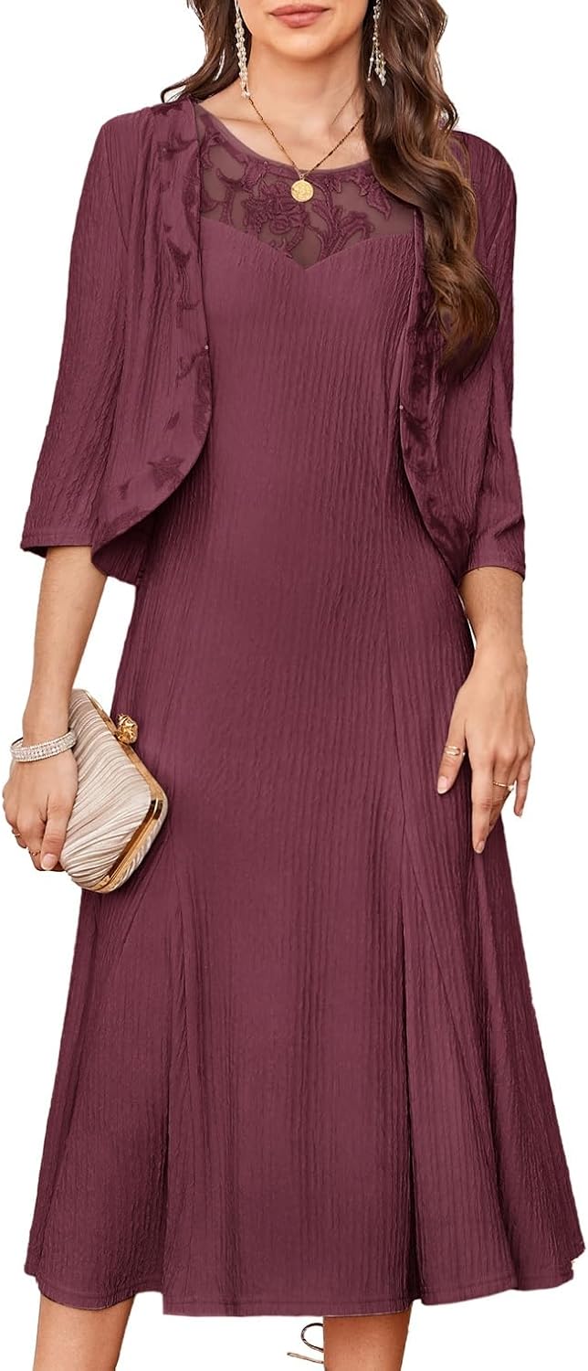 GRACE KARIN Grandma of The Bridal Dress,Weddings Cocktail Evening Dresse for Women, Lace Sequins Midi Dresses with Jackets Rose Purple Large