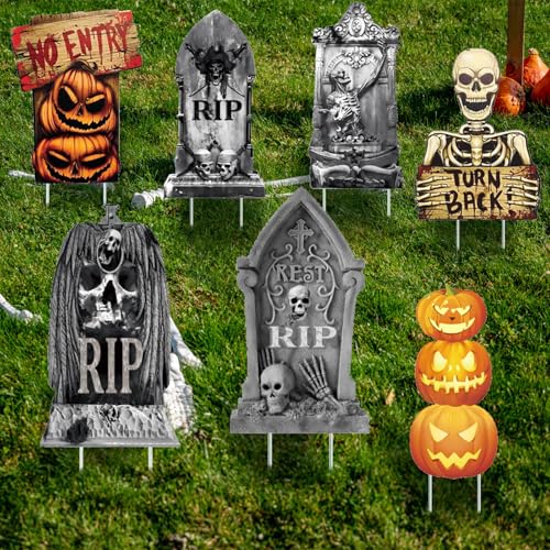 Halloween Yard Signs Tombstone Decoration Outdoor Waterproof Halloween Decor Graveyard Sign with Sticks Corrugate Halloween Garden Tombstones Decorations for Outside Lawn Haunted House