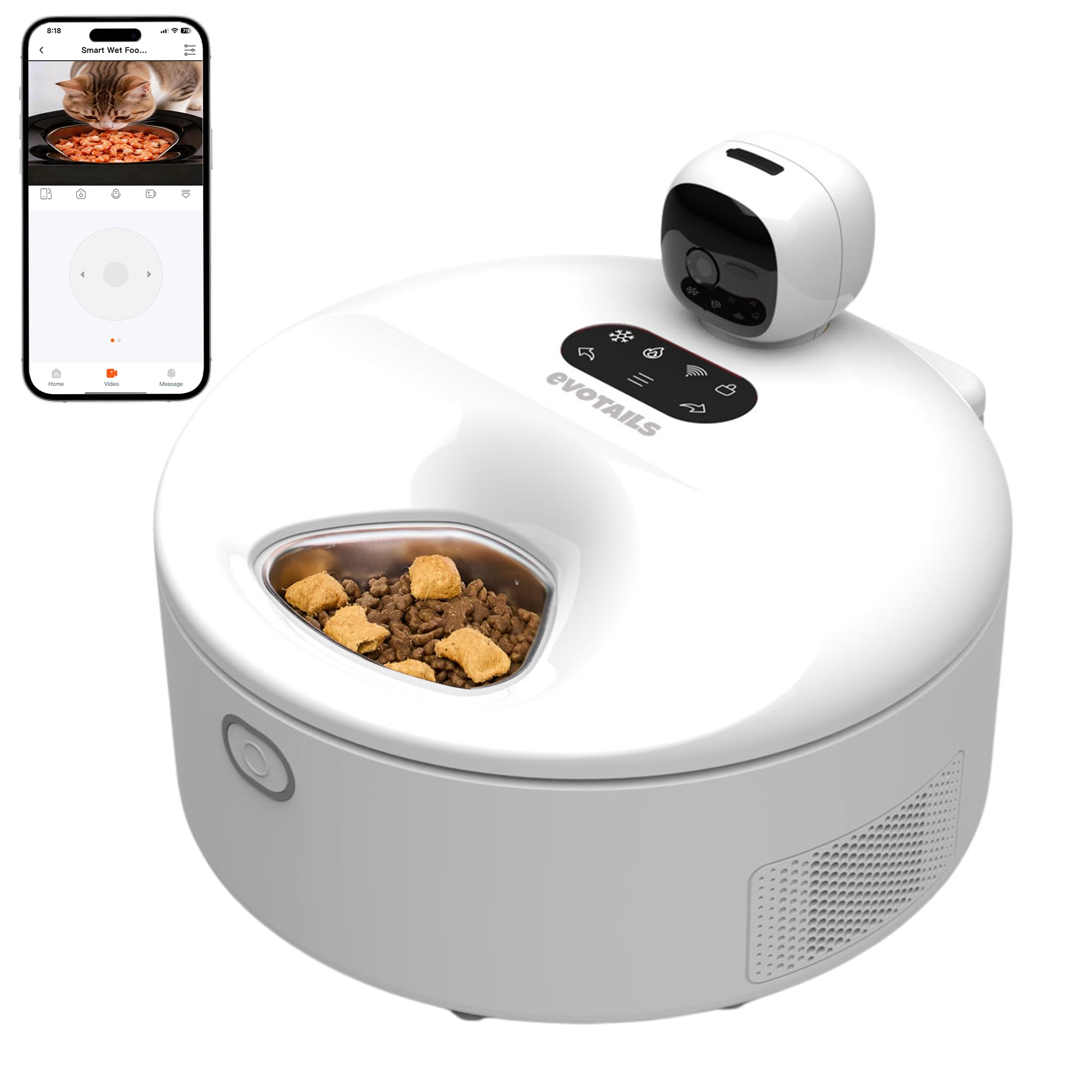 Wet Food Automatic Cat Feeder with Camera, Semiconductor Cooling & Heating with Stainless Steel Bowl, APP Control with Camera & Meal Call, 5 Fresh Meals Pet Food Dispenser (White)