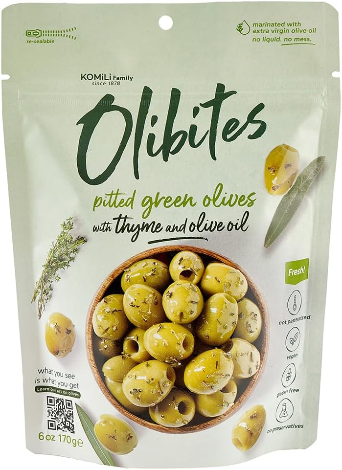 - Olibites Pitted Olives - Fresh Olives Marinated in Extra Virgin Olive Oil (6 oz, Thyme & Olive Oil)