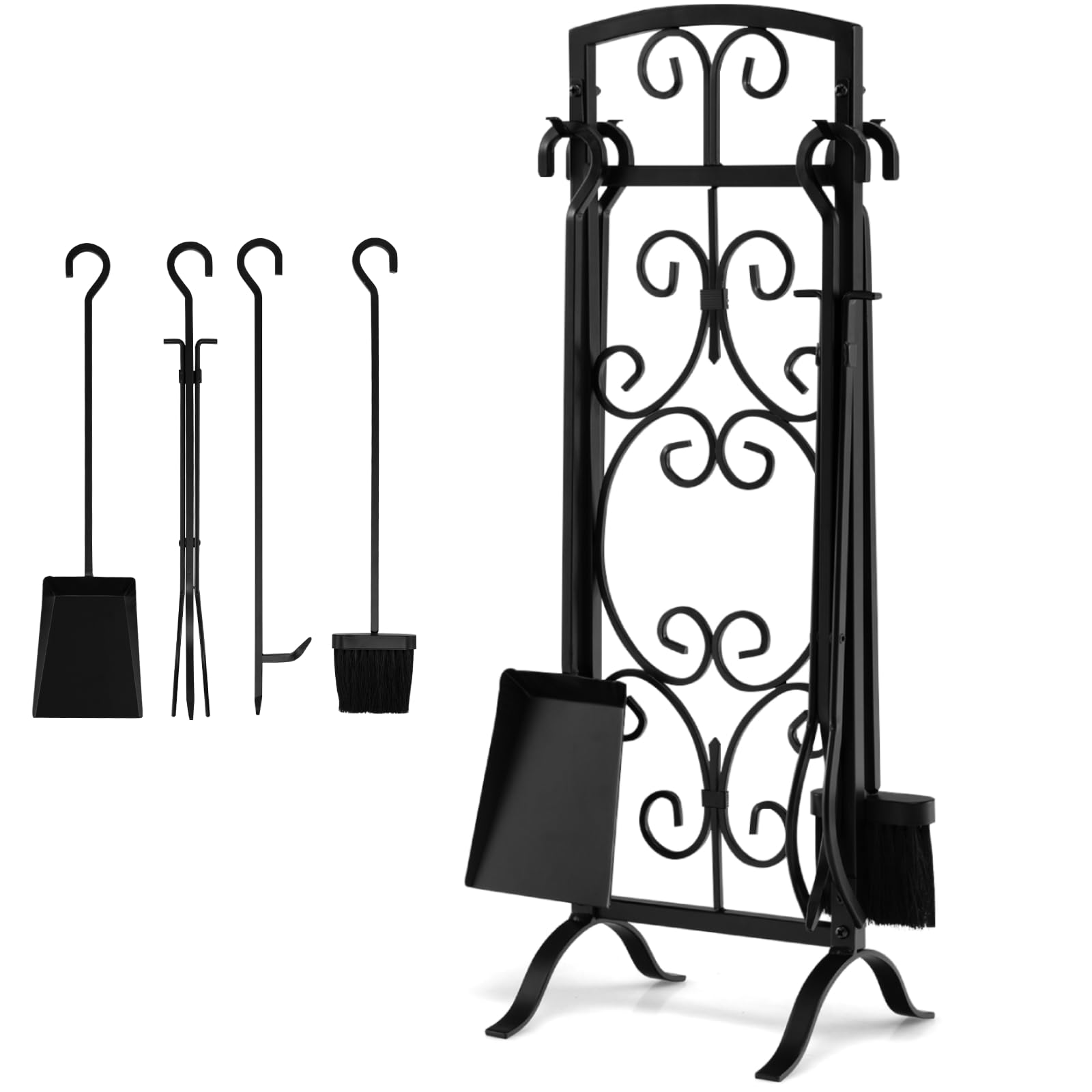 GiantexUK 30"/76cm 5-Piece Fireplace Companion Set, Wrought Iron Fire Place Tools Set with Stand, Tong, Shovel, Brush & Poker, Fireside Wood Burner Coal Stove Fire Pit Accessories, Black