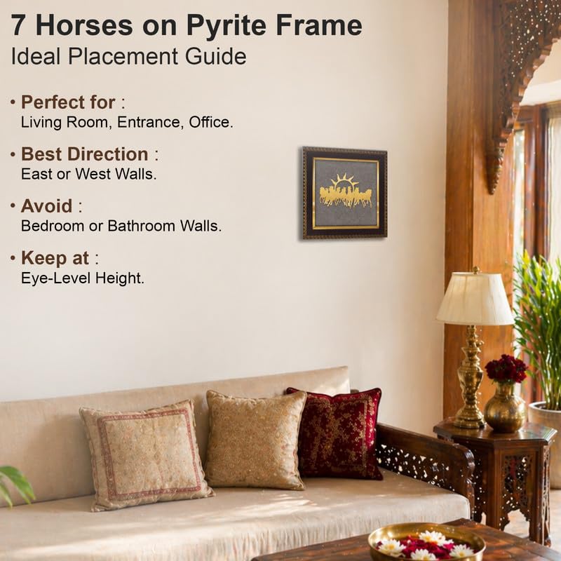 Image of 7 Running Horses Wall Frame with Rising Sun, Vastu Decor for Success, Power & Career Growth, Gold Wall Art