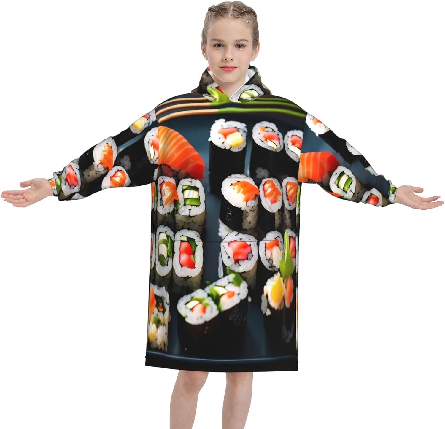 Sushi Pattern Print Oversized Blanket Hoodie, Wearable Blanket Hooded,Hooded Pullover With Pocket