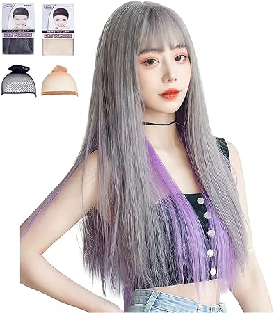 Amazon Co Jp ウィッグ インナーカラー ロング ストレート フルウィッグ ヘアネット付き自然 ぱっつん前髪 小顔 耐熱 お洒落 ハロウィン 仮装 レディース つけ毛 セミロング かつら カツラ インナーパープル ビューティー