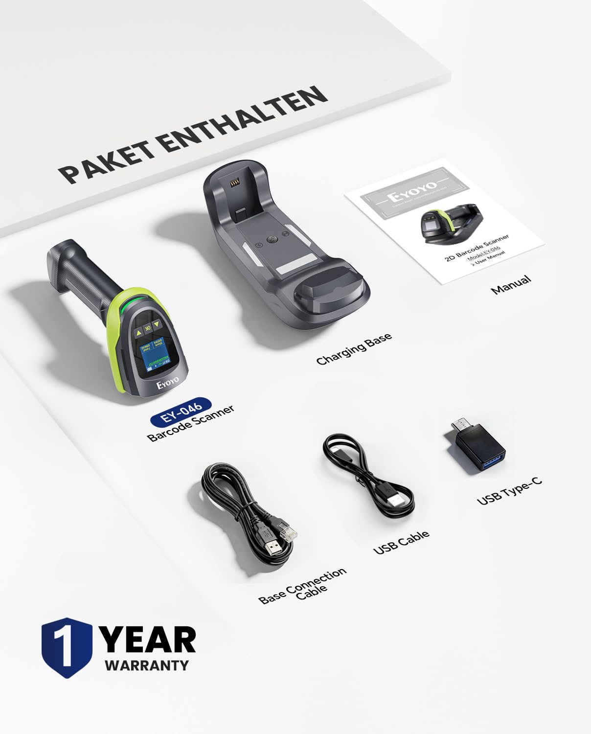 Eyoyo Escáner de Códigos de Barras 1D 2D QR con Pantalla y Base Triple Conexión Bluetooth Inalámbrico 2.4G y Cableado Compatible con iOS Android Windows