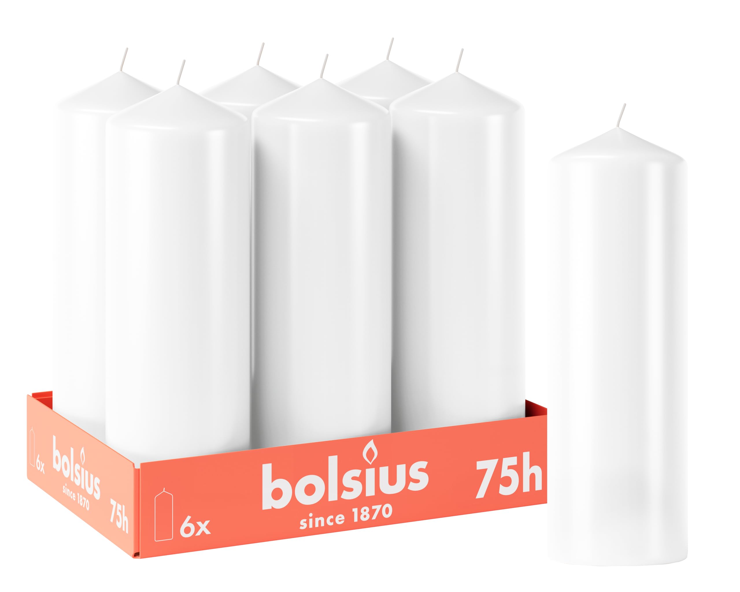 Bolsius - Velas lisas – Blanco – 6 unidades – 20 x 7 cm – Velas decorativas para el hogar – Tiempo de combustión 75 horas – Sin perfume – Contiene cera vegetal natural – Sin aceite de palma