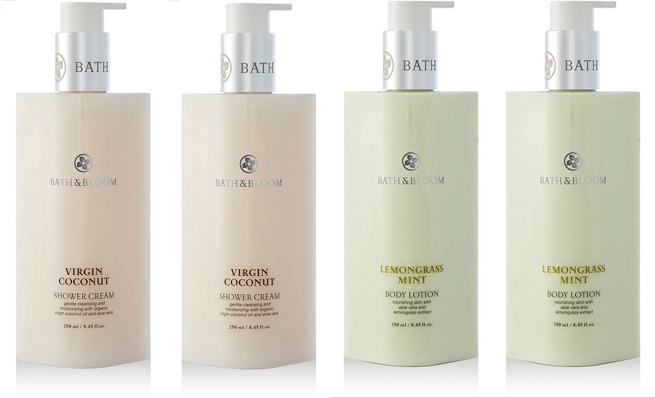 BATH and BLOOM Virgin Coconut Shower Cream and Lemongrass Mint Body Lotion Set.