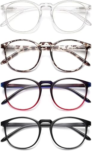 IBOANN Paquete de 4 lentes de bloqueo de luz azul para mujeres y hombres, antifatiga ocular, marcos redondos retro con lente transparente