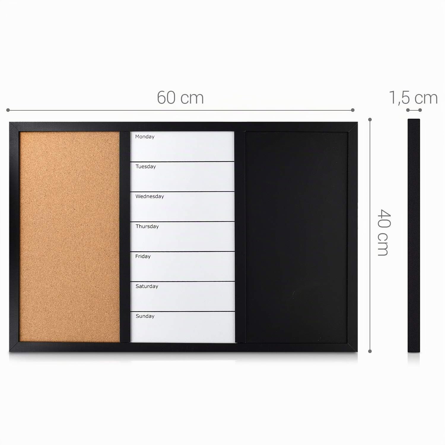 Navaris Pizarra Magnetica con Corcho y Pizarra Negra - Tablero Oficina Triple 60 x 40 cm con Corcho Notas Pared - Incluye Tizas Imanes Chinchetas y Rotulador