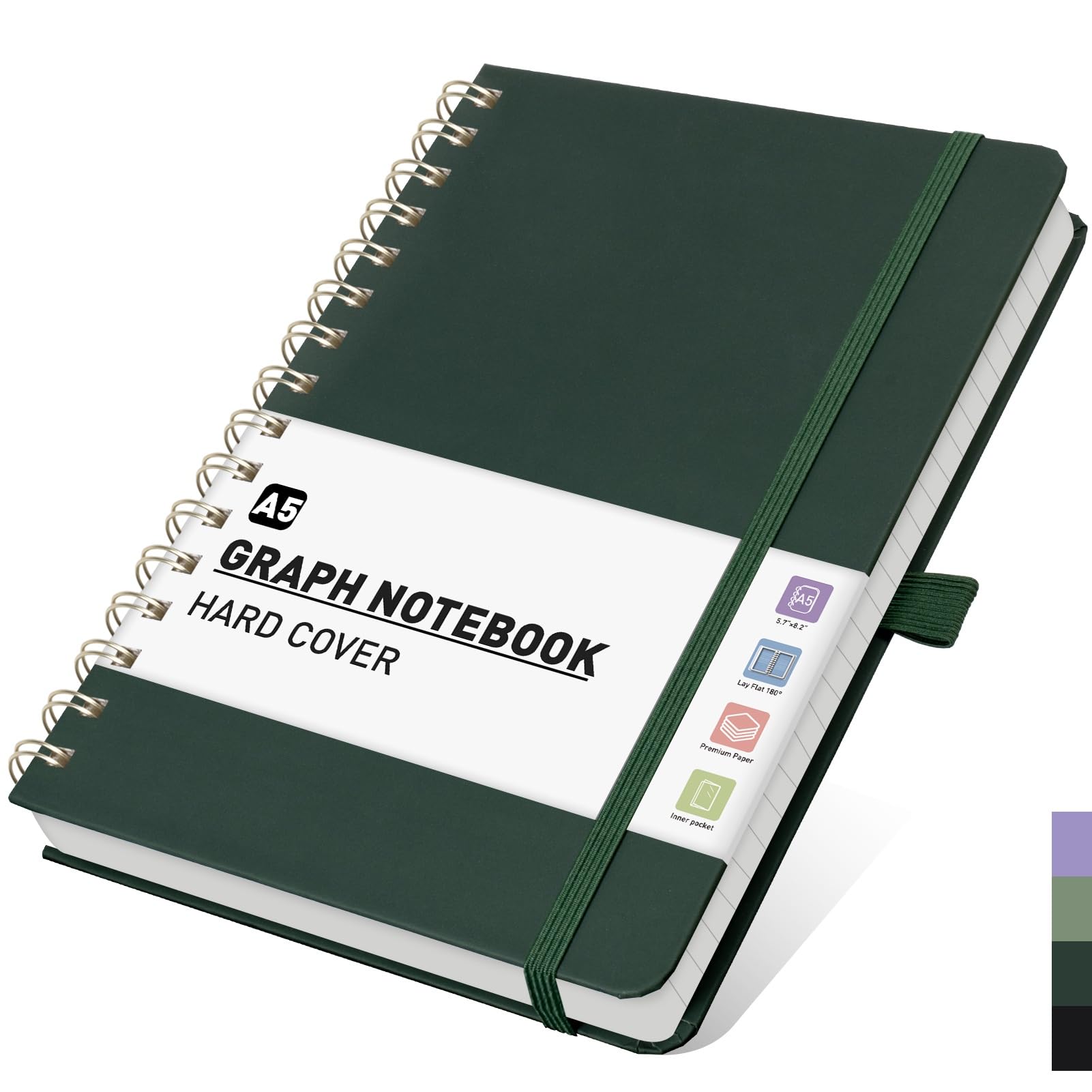 PYNEX A5 Graph Paper Notebook, Hardcover Squared Journal for Women,140 Pages, Writing Notebook for Work, Study - Dark Green โ image 1