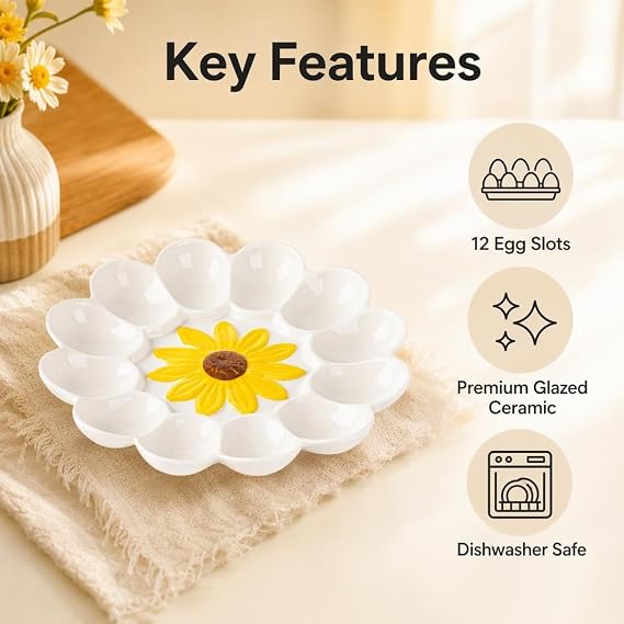 Ceramic Deviled Egg Platter 12 Slots Sunflower White Petal Serving Tray