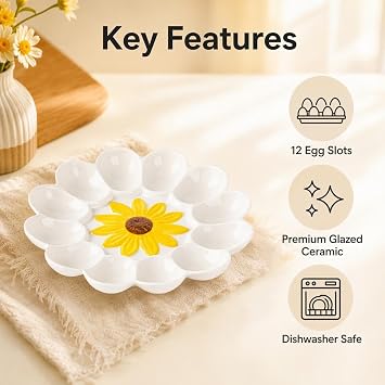 Ceramic Deviled Egg Platter 12 Slots Sunflower White Petal Serving Tray