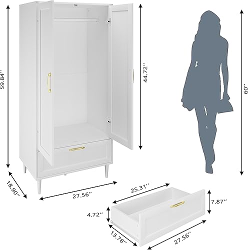 Miniatura 3 de Armario con cajón, armarios y armarios con estantes y riel para colgar, armario de madera independiente para dormitorio, color blanco