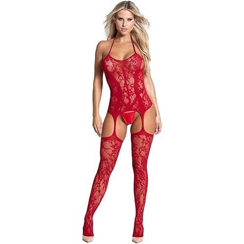 RSLOVE Women Fishnet Bodystocking Attached Stockings Sexy Lingerie Crotchless Bodysuit One Piece Babydoll One Size