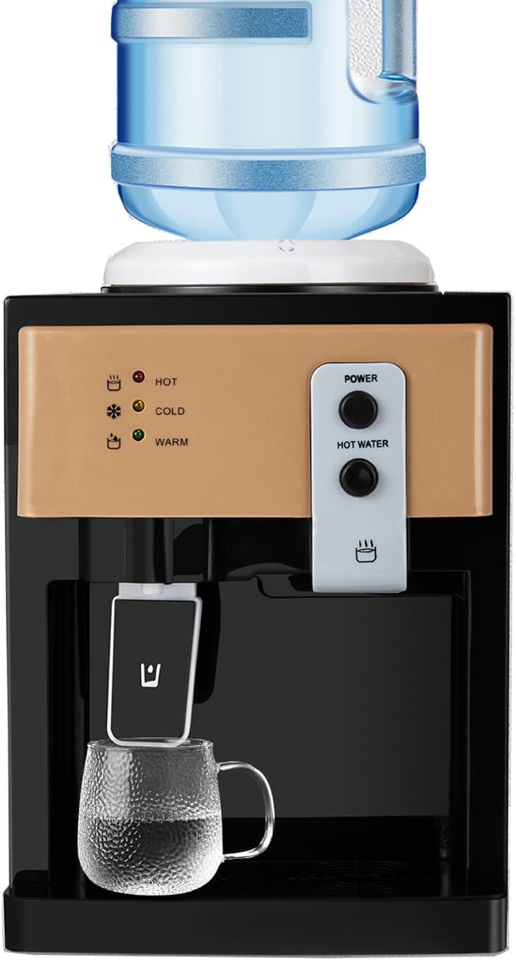 Countertop Water Dispenser, Top Loading Water Cooler for 1.2 to 5 Gallon Bottle, 3 Temperature Settings Hot/Cold/Warm Water Dispenser for Home Office, Gold