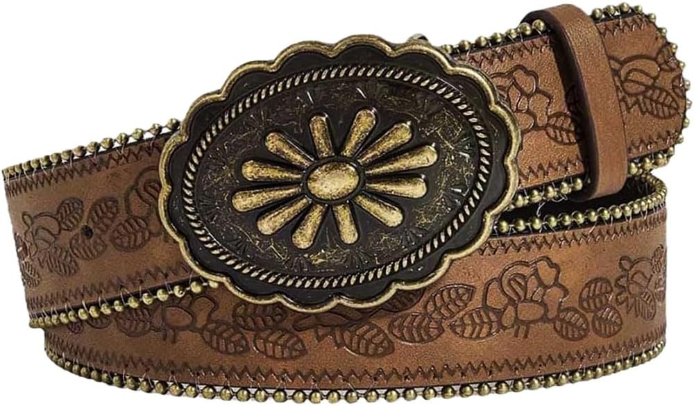 Women Western Belt Country Cowboy Cowgirl Leather Belts Floral Embossed Belts Vintage Buckle Waist Belt for Jeans Pant Dress