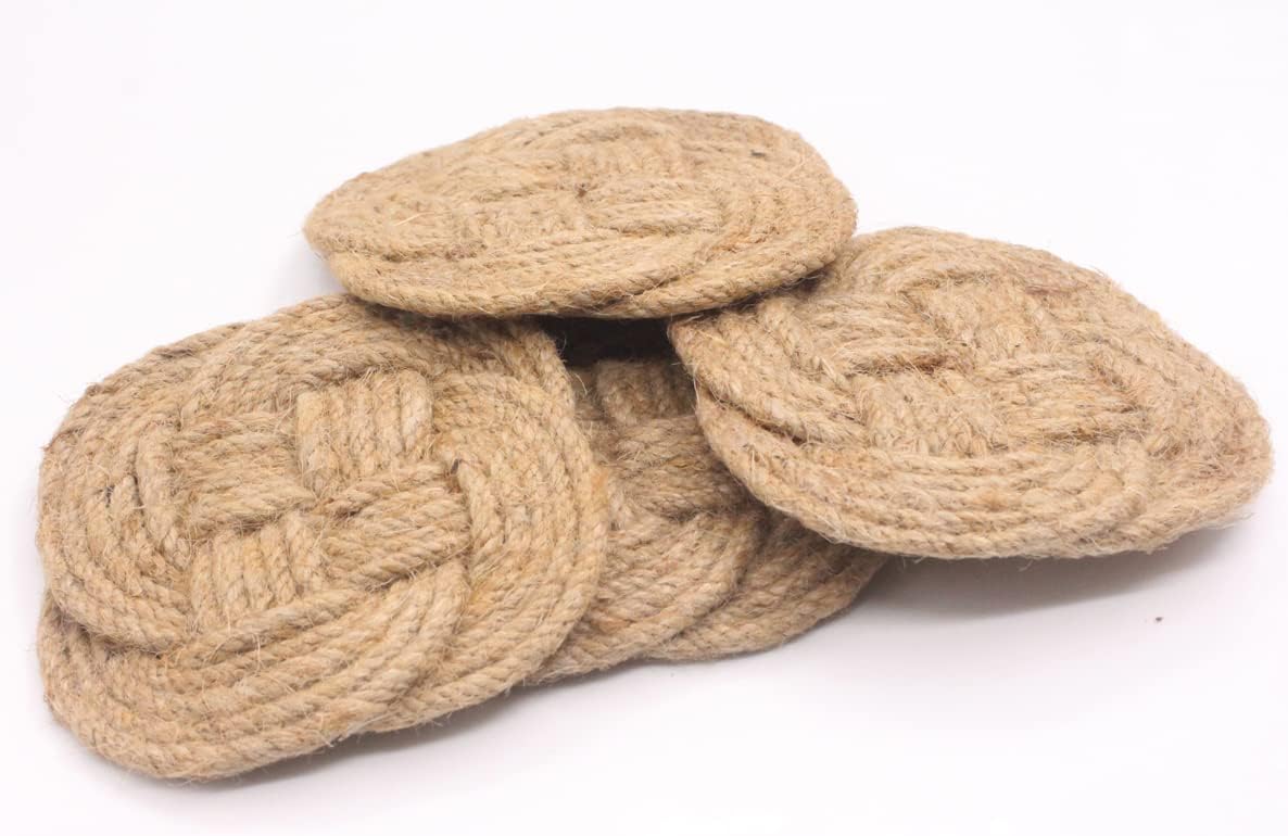 Flash Sale Buy 1 get 1 RII Coasters for Beverages, Surface-Protecting, Vintage Woven Coasters for Table Care, Absorbs Moisture Well, Handcrafted Sailor Coaster Set with Hard Wooden Case, Set of 4