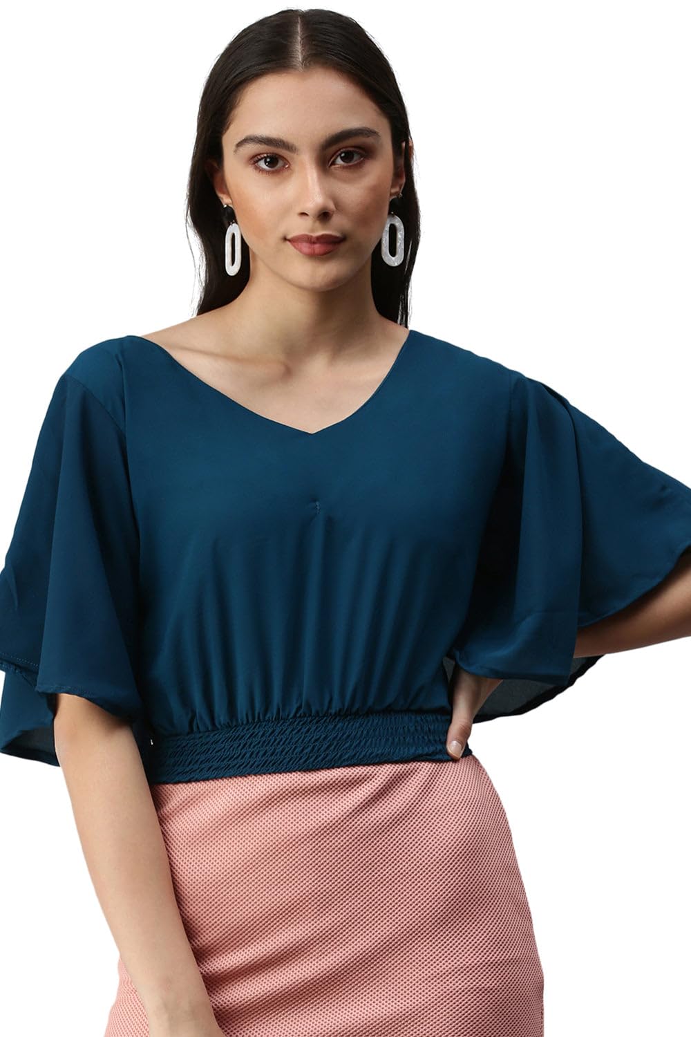 Women's Cape V-Neck Teal Crop Top_AE-10234_Teal_XL