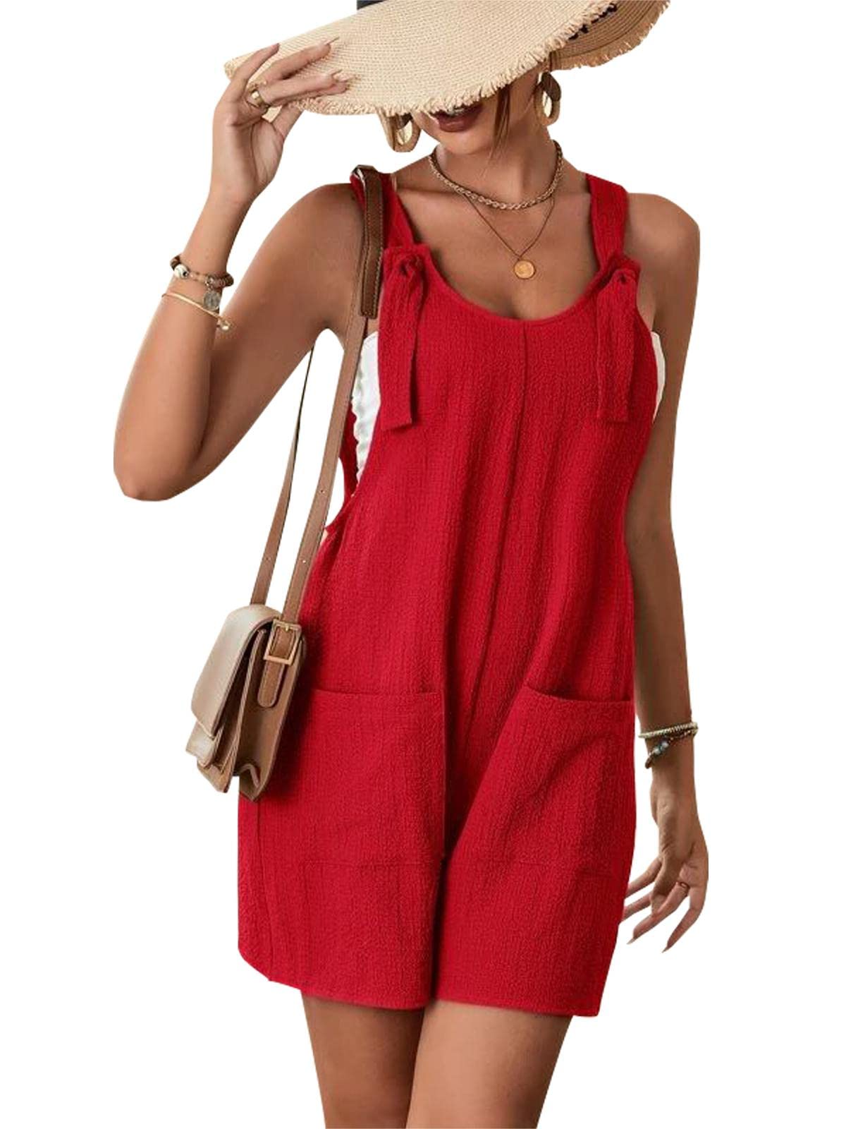 RAMOUG Women's Knot Strap Sleeveless Overalls Jumpsuit Romper Shortalls with Pockets