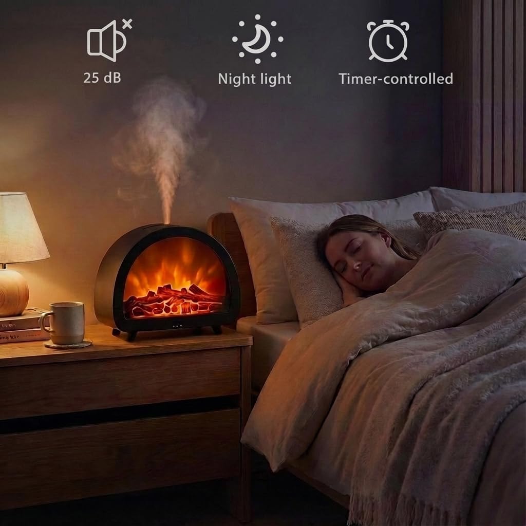 Bonfire Aroma Diffuser with Realistic LED Flame – Ultrasonic Essential Oil Humidifier, 7-Color Night Light, Remote Control, Timer & Auto Shut-Off for Home, Office, Bedroom