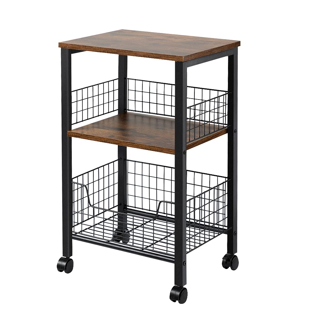 Hadulcet Small End Table, 3-Tier Side Table with Storage Basket, Industrial Style Side End Table for Living Room Bedroom Kitchen Bathroom, Rustic